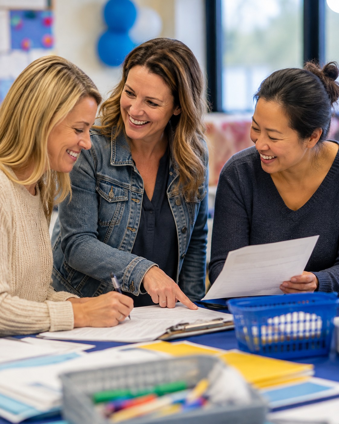 Parent volunteers reviewing fundraiser paperwork together