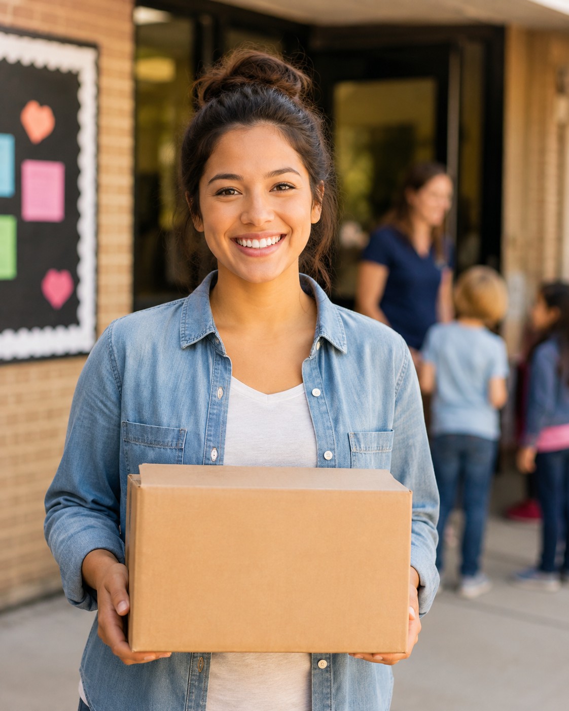 Volunteer holding a box of fundraiser supplies at school